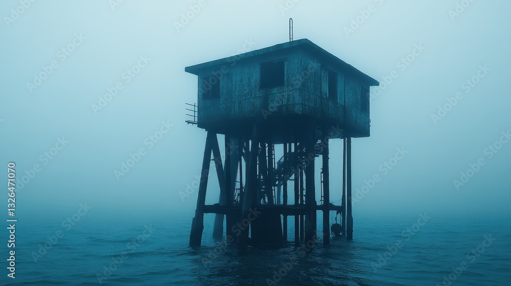 Isolated Wooden Structure on Stilts in Foggy Water Landscape Isolated Wooden Structure on Stilts in Foggy Water Landscape