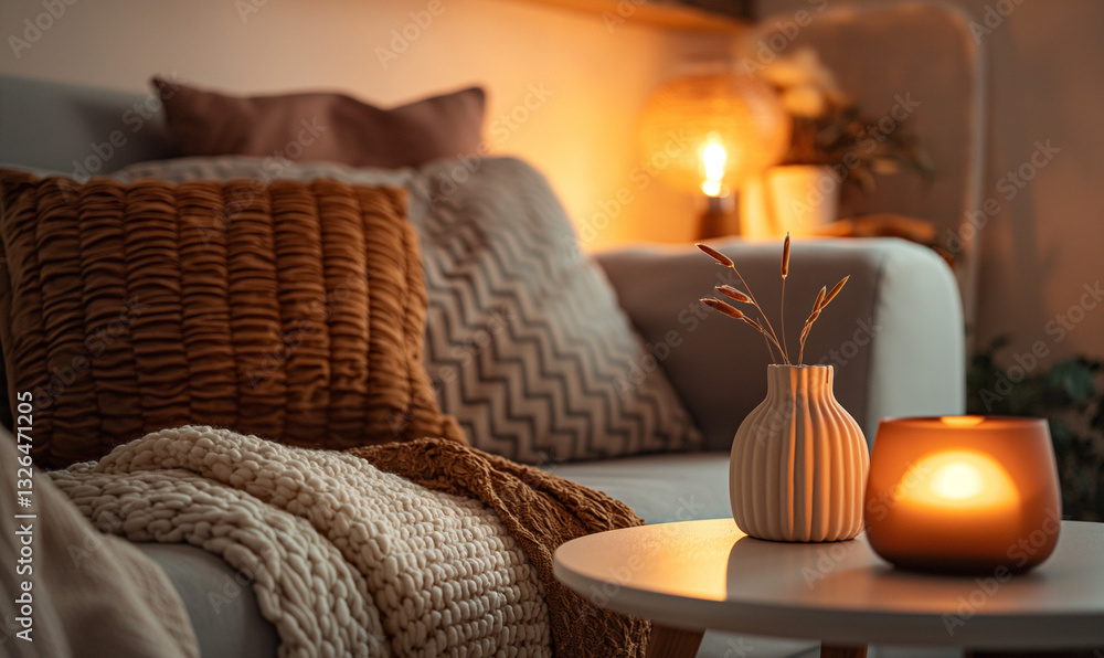 Naklejka premium Cozy living room interior with warm lighting, soft cushions, knitted blankets, and a glowing candle on a wooden coffee table. Aesthetic hygge-style home decor with earthy tones.