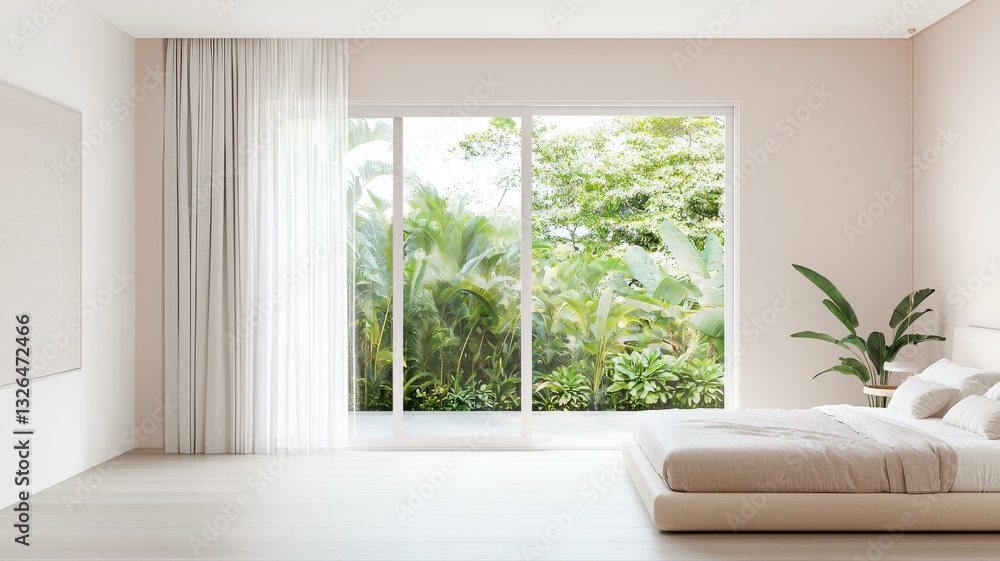Fototapeta premium Bright minimalistic bedroom with lush greenery view through large window, creating a fresh, serene atmosphere.
