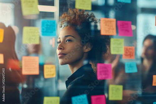 Professional Diverse business team engaging in innovative brainstorming session with colorful sticky notes on glass wall. Creative professionals sharing, discussing, and visualizing ideas using des...