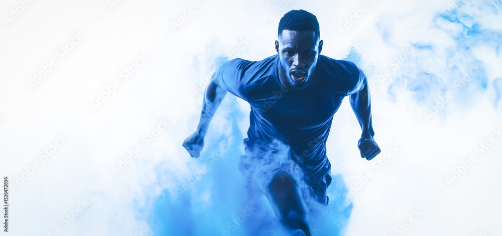 An intense male sprinter in a dark blue outfit dashes forward, his determined face framed by a cloud of blue powder, emphasizing his speed and power in motion. An intense male sprinter in a dark blue outfit dashes forward, his determined face framed by a cloud of blue powder, emphasizing his speed and power in motion.