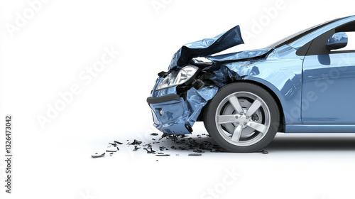damaged blue car with crumpled front end, showcasing aftermath of collision. wreckage includes scattered debris on white background, emphasizing severity of accident