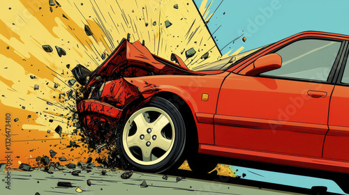red car crashes into wall, creating explosion of debris and dust. comic style illustration captures dramatic impact and energy of scene