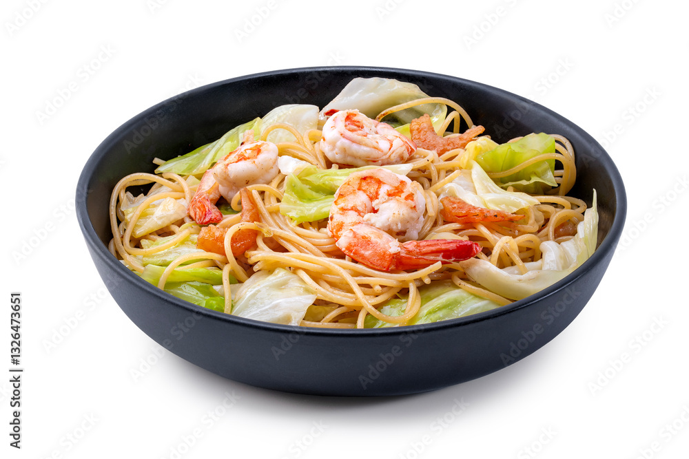 Stir-fried noodles with shrimp and vegetables on a black plate, Asian style food. Stir-fried noodles with shrimp and vegetables on a black plate, Asian style food.