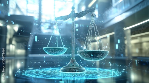 Futuristic AI powered law firm with digital holographic justice scales and legal documents floating in mid air