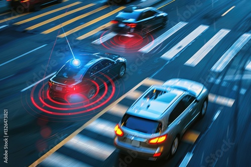 A modern car braking automatically to avoid a collision, with the driver alerted by an advanced warning system. MZ 