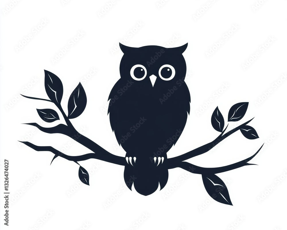 Fototapeta premium A Simple yet Elegant Black and White Illustration of an Owl Perched on a Branch