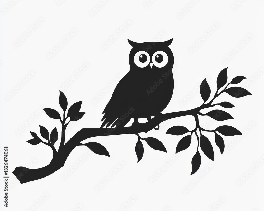 Fototapeta premium A Simple yet Elegant Black and White Illustration of an Owl Perched on a Branch