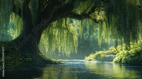 Tranquil willow tree refuge, cascading foliage reflecting on a peaceful river scene