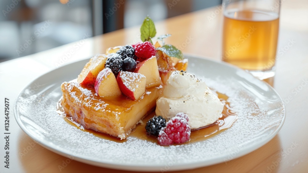 Delicious fruit-topped waffle with whipped cream and syrup served on a white plate, perfect for breakfast or brunch. Delicious fruit-topped waffle with whipped cream and syrup served on a white plate, perfect for breakfast or brunch.