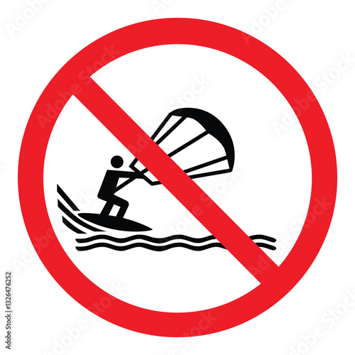 Prohibition warning sign- No kite surfing isolated on white background. Vector icon, label, sticker