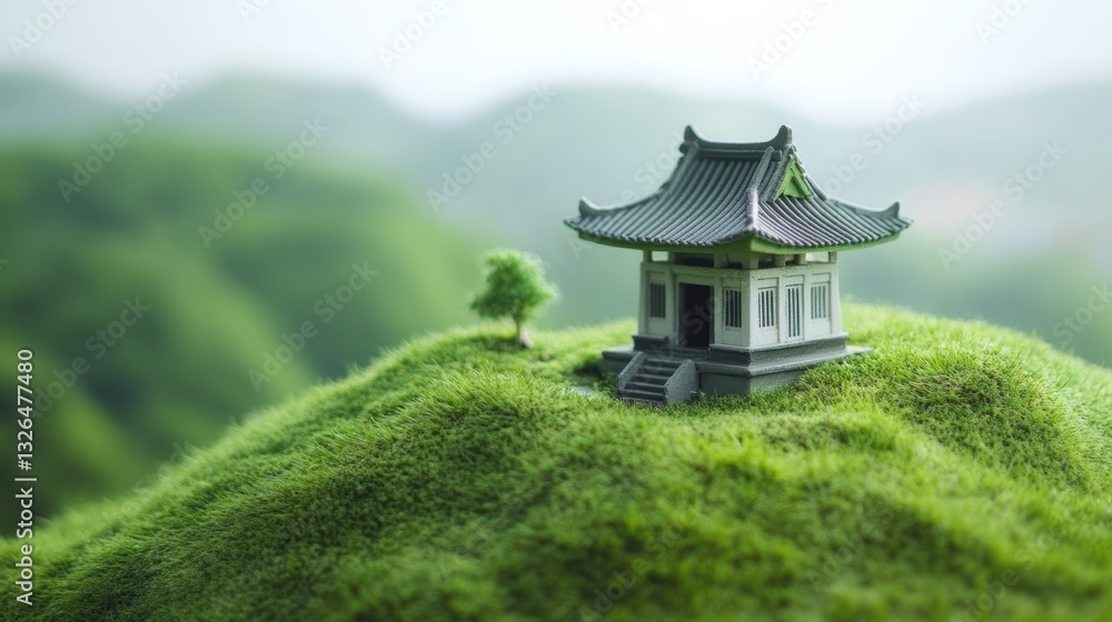 Fototapeta premium Charming Temple on Grassy Knoll: Serene Miniature Scene 