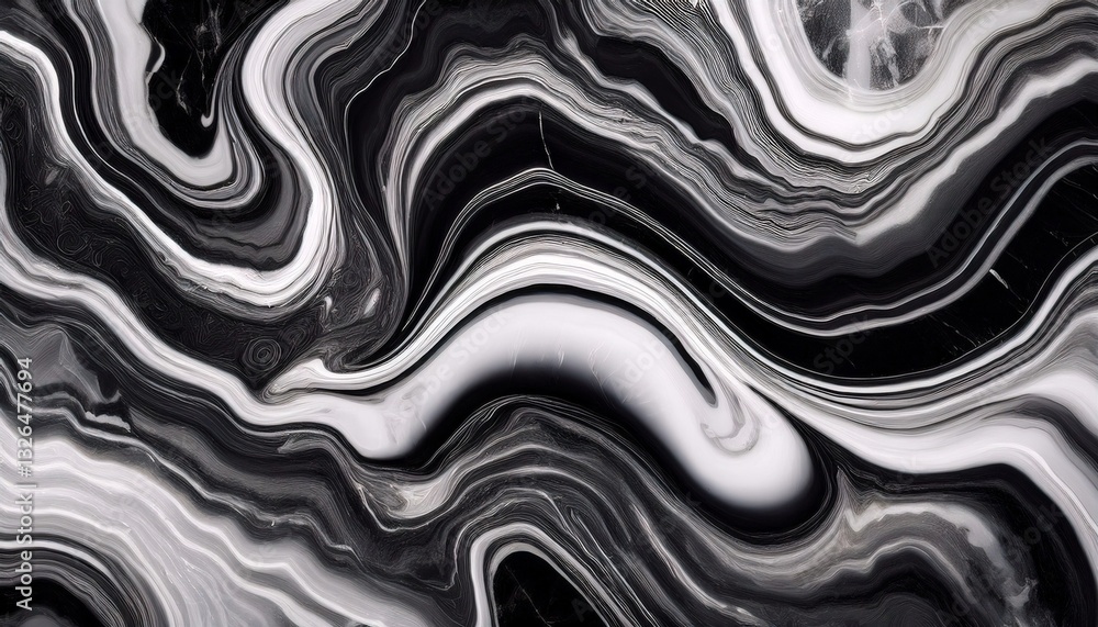 Fototapeta premium Abstract fluid marble pattern in black and white, mimicking the natural swirling formations. Abstract marble background