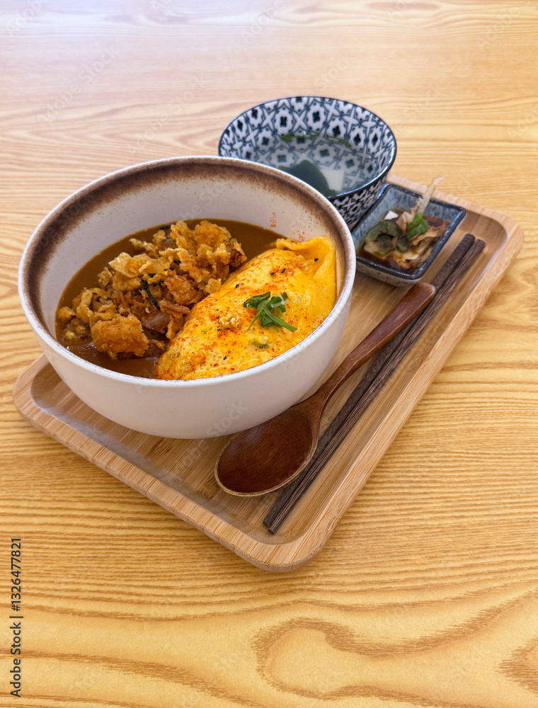 luxury fine dining western halal cuisine main course menu crispy fried chicken chop with japanese curry sauce and omelette white rice miso soup salad hotel restaurant banquet asian cafe on wood table