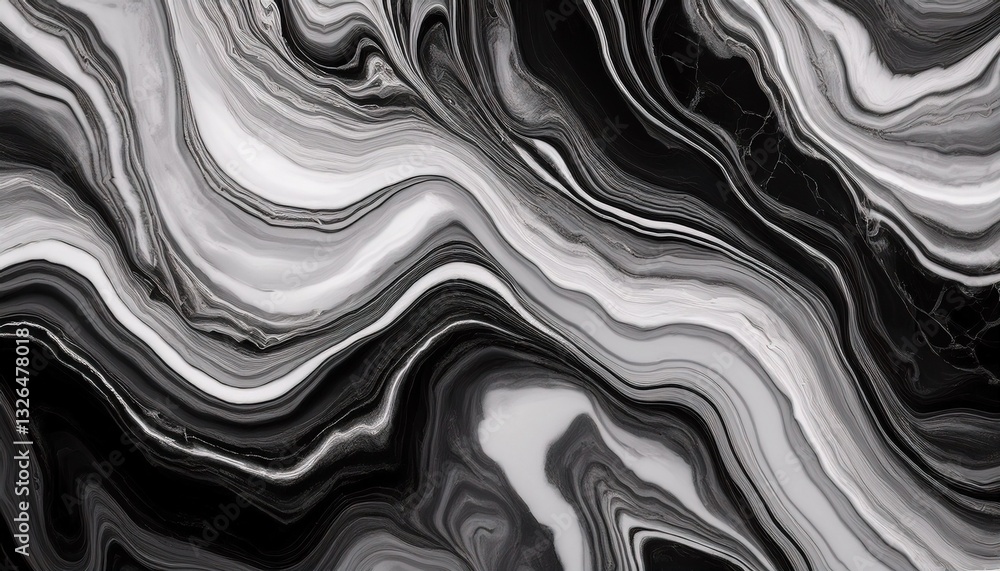 Fototapeta premium Abstract fluid marble pattern in black and white, mimicking the natural swirling formations. Abstract marble background