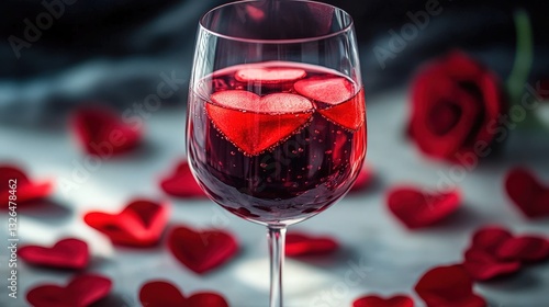 Glass of red wine and rose petals. Selective focus.