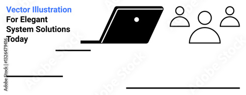 Laptop alongside outline of three people representing teamwork, remote work. Ideal for technology, business solutions, digital meetings, online learning, productivity, human connections, abstract