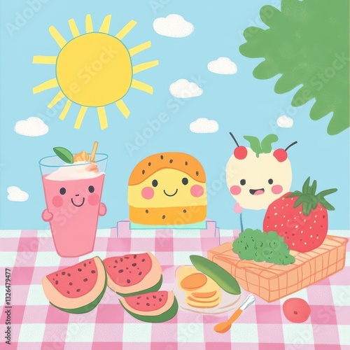 Cartoon image depicting a cute picnic scene with various food items