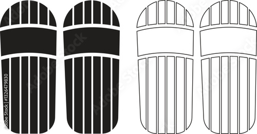 Cricket shin pads flat, outline icons set. Cricket game vectors. Cricket tournament man protection elements template. Vintage for club and team. Sport signs for web isolated on transparent background.
