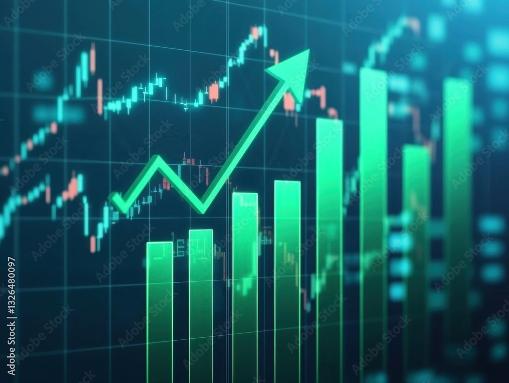 Business development and dynamic growth for success. Financial chart with upward trends and green bars indicating growth and success. Business development and dynamic growth for success. Financial chart with upward trends and green bars indicating growth and success.
