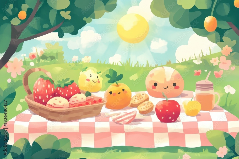 Fototapeta premium A charming animated scene depicting a sunny picnic setting outdoors