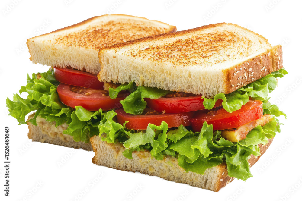 A close up of a sandwich with lettuce and tomato on white bread that is toasted and cut in half on white A close up of a sandwich with lettuce and tomato on white bread that is toasted and cut in half on white