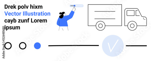 Man in blue handling a parcel with a delivery truck beside him, various interface elements, including circles, lines, and a checkmark. Ideal for delivery services, logistics, e-commerce, tracking