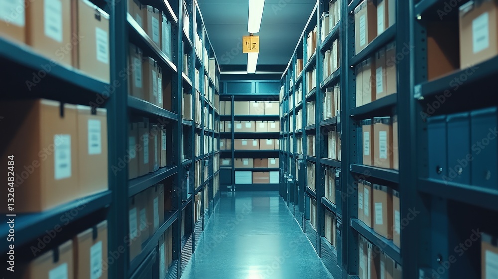 Fototapeta premium A narrow aisle between shelves filled with organized boxes, illuminated by overhead lights, showcasing a vast storage area.