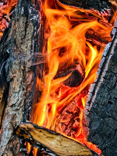 Raging orange flames of fire. Bright flames devour the wood. 