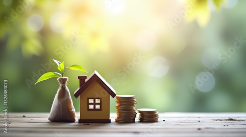 Wallpaper Mural A small house model beside coins and a money bag, with a green plant, symbolizing growth and financial prosperity in a serene environment. Torontodigital.ca