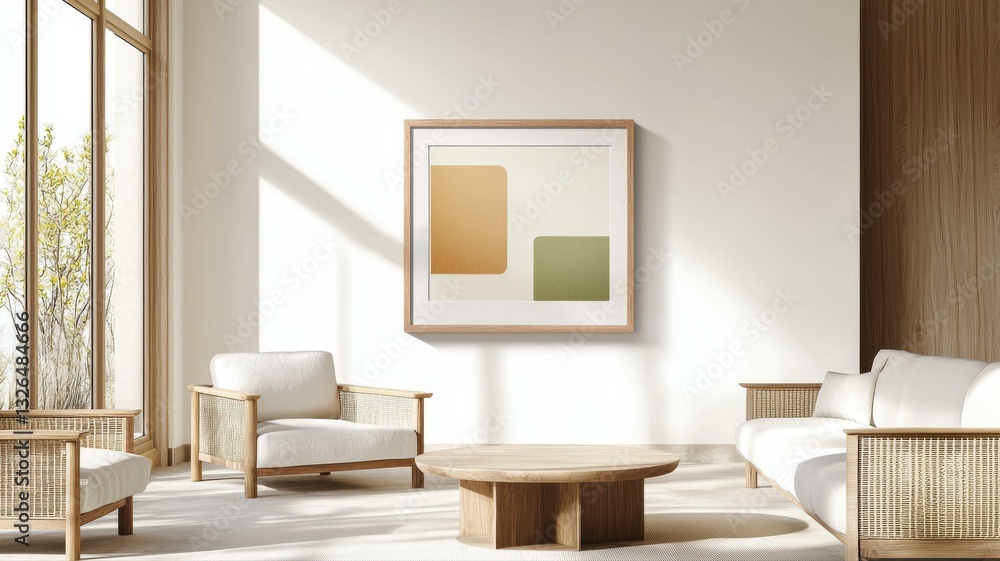 Fototapeta premium Minimalist living room with modern furniture and abstract art, bathed in natural light.