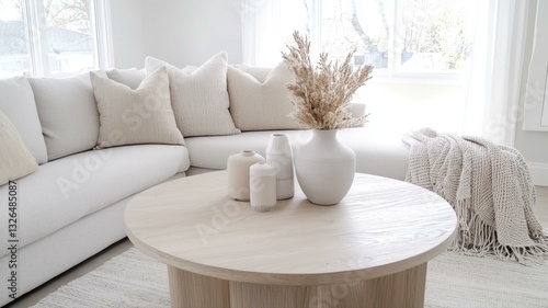 Minimalist living room with white sofa, wooden table, and decorative elements. Bright and cozy interior design.