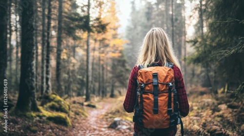 Woman Hiking with Backpack in Autumn Forest 