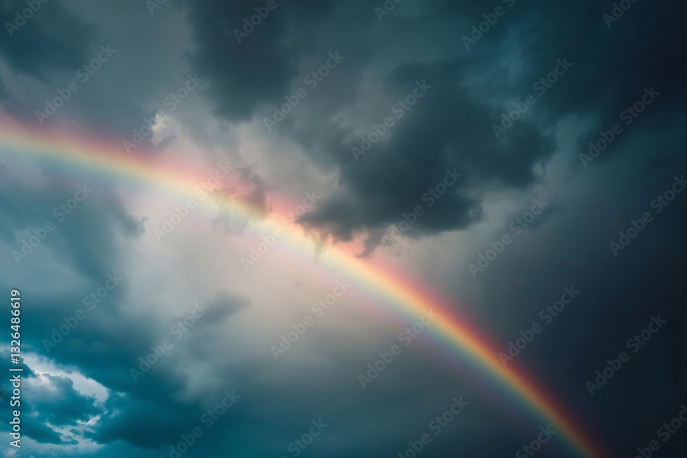 Beautiful rainbow arcing across a dramatic sky filled with dark storm clouds. Beautiful rainbow arcing across a dramatic sky filled with dark storm clouds.