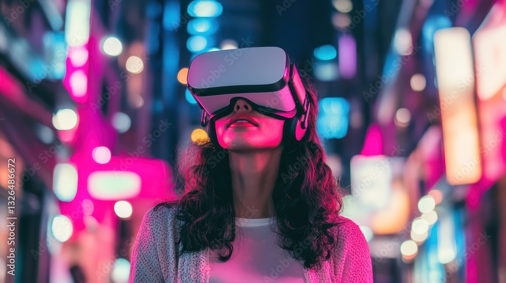 Woman Experiencing Virtual Reality in Neon Cityscape at Night Woman Experiencing Virtual Reality in Neon Cityscape at Night