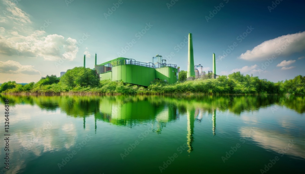 green washing concept of a crafted green factory with reflections over the water green washing concept of a crafted green factory with reflections over the water
