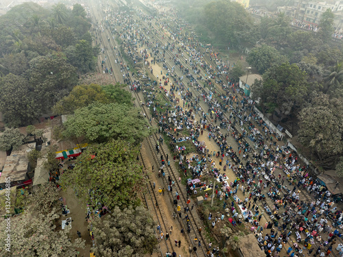 Aerial view of Bishwa Ijtema festival, an annual gathering of Muslims in Tongi, Gazipur, Dhaka, Bangladesh. photo