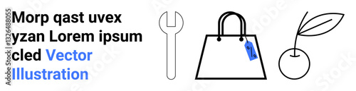 Wrench, shopping bag with tag, and cherry icon emphasizing repair culture, eco-friendly shopping, and organic produce. Ideal for sustainability, repair, eco-fashion, gardening tools health flat
