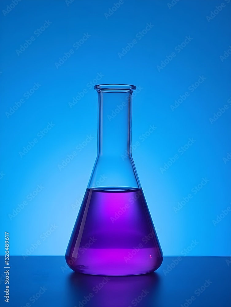 purple glass flask in blue research chemistry science banner laboratory background. purple glass flask in blue research chemistry science banner laboratory background.