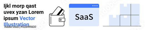 Wallet holding credit cards, SaaS application window labeled SaaS, and stacked boxes representing storage management. Ideal for fintech, ecommerce, SaaS, logistics, digital payment systems, online