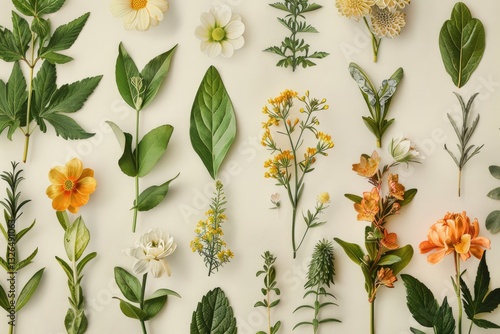 Seamless pattern background featuring a collection of vintage botanical illustrations with flowers and leaves in muted colors. MZ 