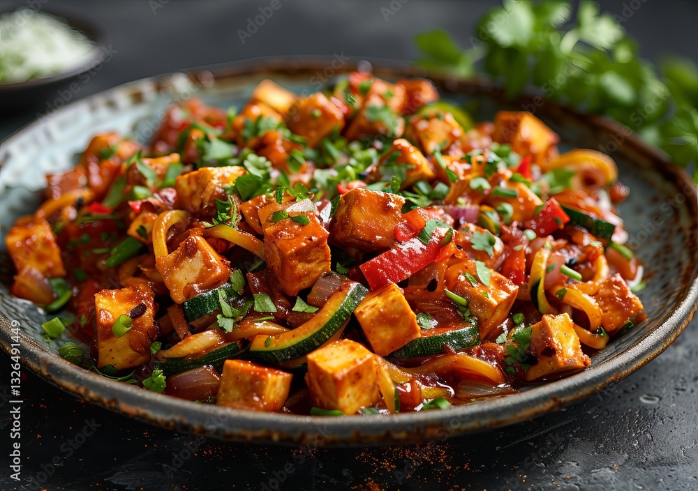 Delicious zucchini noodles topped with chunky tofu sauce featuring diced peppers and onions Delicious zucchini noodles topped with chunky tofu sauce featuring diced peppers and onions