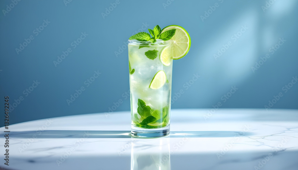 Mojito cocktail on a light table with fresh mint and limes, refreshing drink, photography, editorial
