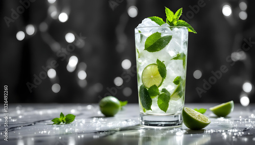 Obraz na płótnie Mojito cocktail on a light table with fresh mint and limes, refreshing drink, photography, editorial w salonie