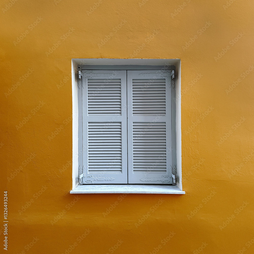 Fototapeta premium White Shuttered Window on Yellow Wall