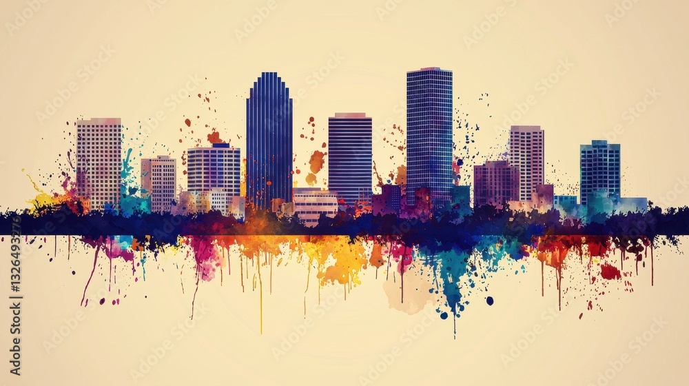 Obraz premium Vibrant City Skyline with Colorful Paint Splashes and Silhouette