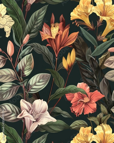 Seamless pattern background featuring a collection of vintage botanical illustrations with flowers and leaves in muted colors. MZ 