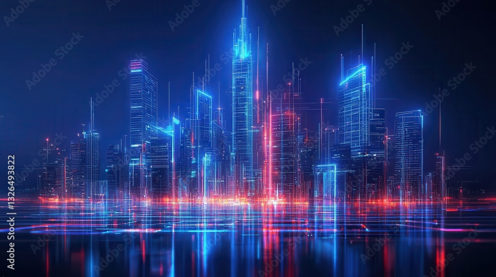 This image depicts a breathtaking futuristic cityscape with towering skyscrapers and a mesmerizing array of vibrant lights reflected in the calm waters below This image depicts a breathtaking futuristic cityscape with towering skyscrapers and a mesmerizing array of vibrant lights reflected in the calm waters below