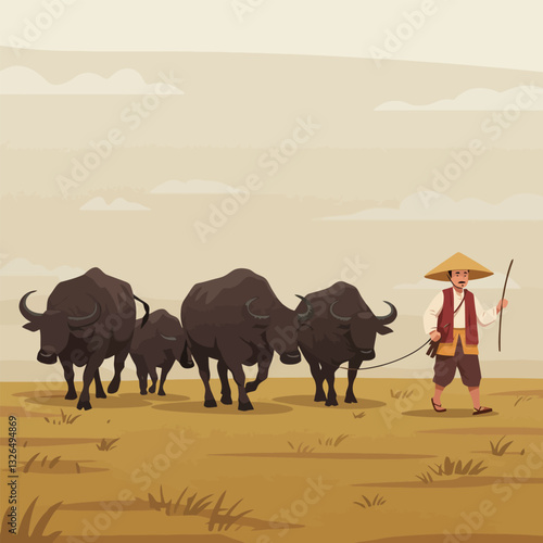 Farmer Herding Water Buffaloes in a Traditional Landscape Illustration