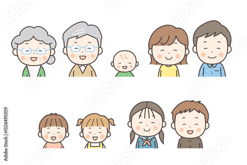 にっこり笑顔のさまざまな世代の上半身イラストセット
